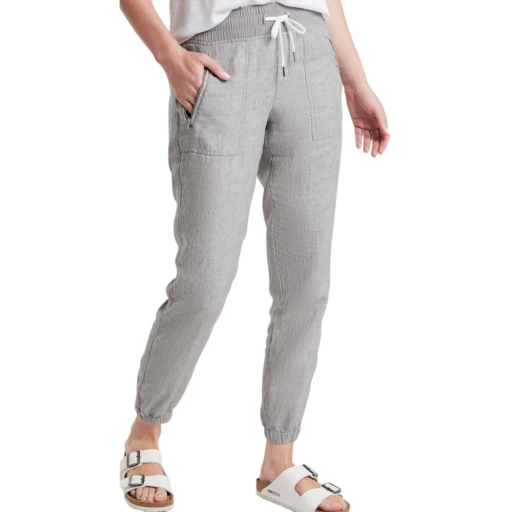 Athleta Cabo Linen Jogger Textured Linen Zip Pockets Osprey Grey Heather 6